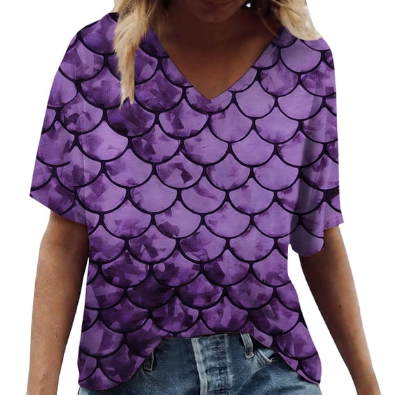 Trendfront Womens Summer V Neck Short Sleeve Tops Oversized Loose Fit Scale Tees Digital Graphic Printed Fashion T-Shirts