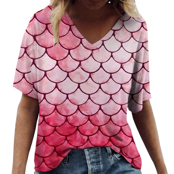 Trendfront Womens Summer V Neck Short Sleeve Tops Oversized Loose Fit Scale Tees Digital Graphic Printed Fashion T-Shirts