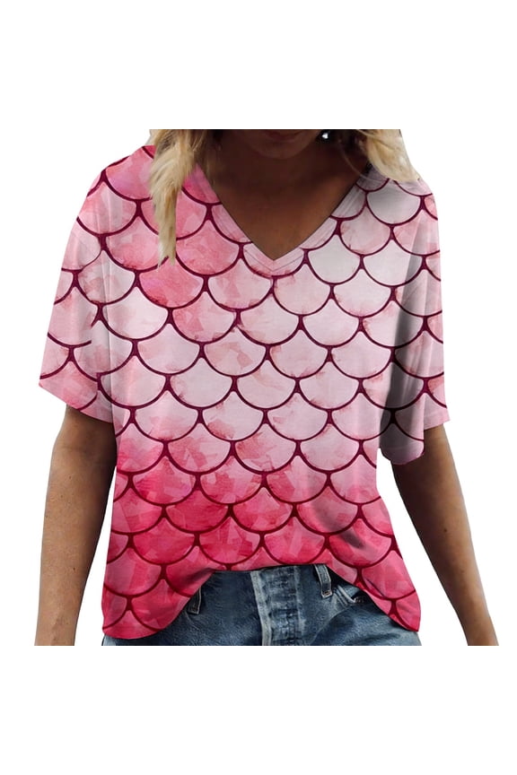 Womens Summer V Neck Short Sleeve Tops Oversized Loose Fit Scale Tees Digital Graphic Printed Fashion T-Shirts