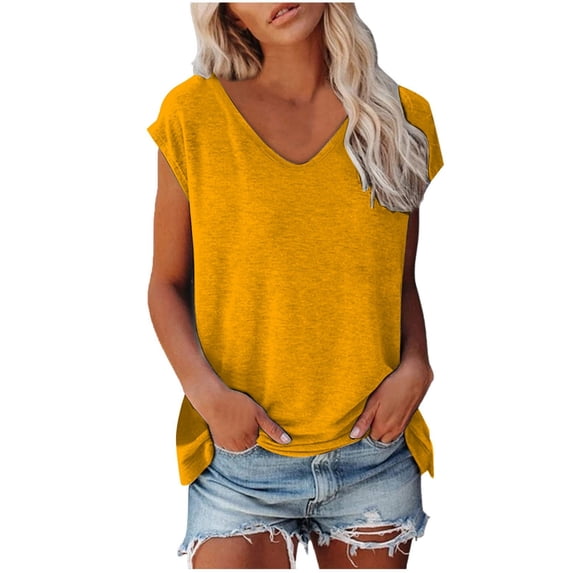 Trendfront Womens Summer V Neck Short Sleeve Tops Oversized Loose Fit Solid Color Tees Plain Casual Fashion Style Wear T-Shirts