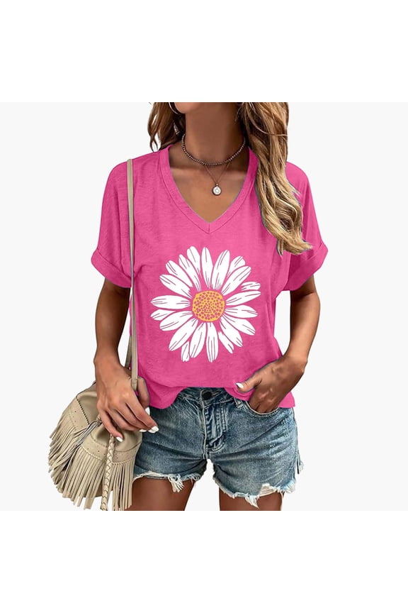 Womens Summer V Neck Short Sleeve Tops Sunflower Floral Pattern Printed Tees Casual Loose Fit Fashion Style Apparel T-Shirts
