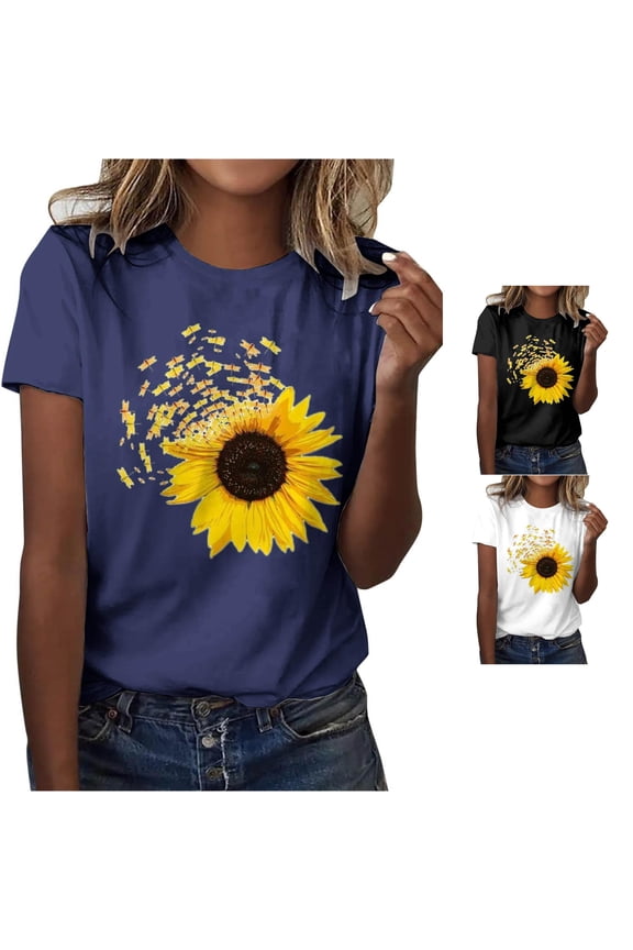 Womens Sunflower Graphic T Shirts Crewneck Short Sleeve Vintage Butterfly Floral Print Nature Lover Casual Summer Tee Tops