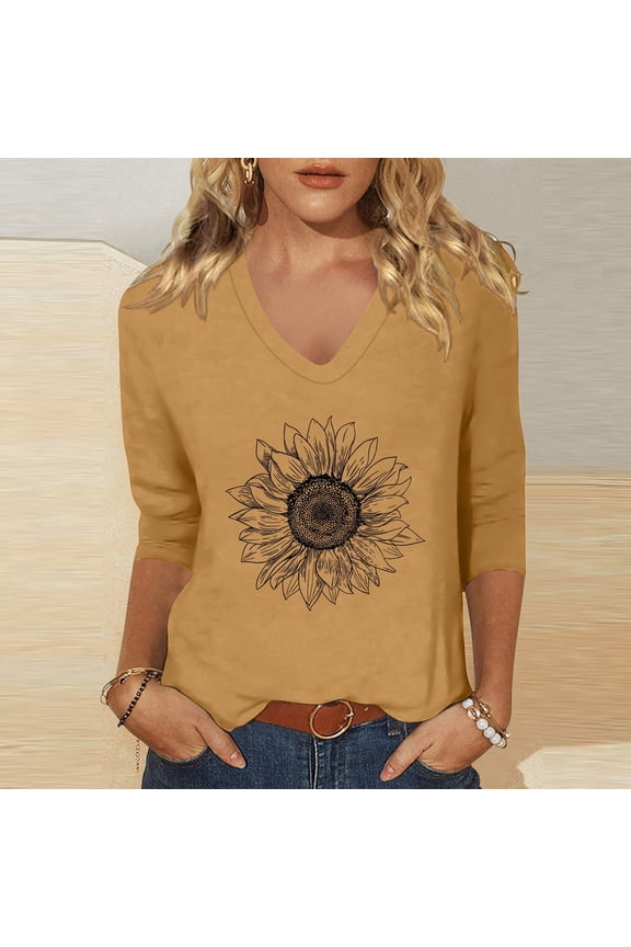 Womens Sunflower Graphic Tops V Neck Casual Loose Fit 3/4 Sleeve Tee Trendy Fashion T Shirts Boho Pullover Daily Clothing
