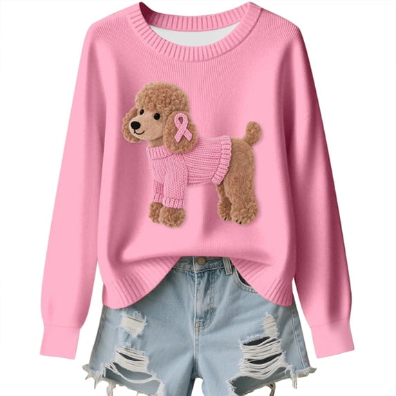 Trendfront Womens Sweatshirt Poodle Dog Awareness Ribbon Print Crew Neck Long Sleeve Casual Pullover Graphic Tops
