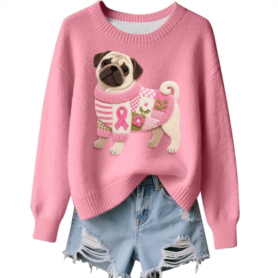 Trendfront Womens Sweatshirt Pug Dog Awareness Ribbon Floral Print Crew Neck Long Sleeve Casual Pullover Graphic Tops