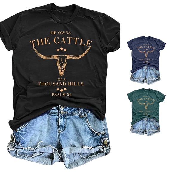 Trendfront Womens T Shirt Christian Graphic Print Psalm 50 Bible Verse Faith Crew Neck Short Sleeve Western Cow Skull Vintage Country Cowboy Casual Summer Tops