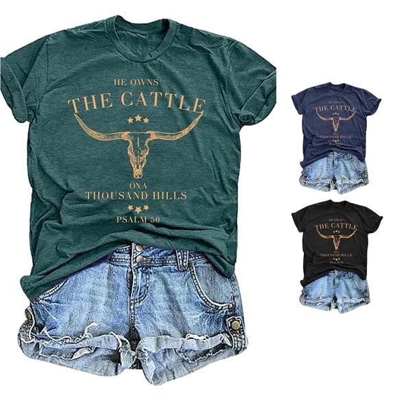 Trendfront Womens T Shirt Christian Graphic Print Psalm 50 Bible Verse Faith Crew Neck Short Sleeve Western Cow Skull Vintage Country Cowboy Casual Summer Tops