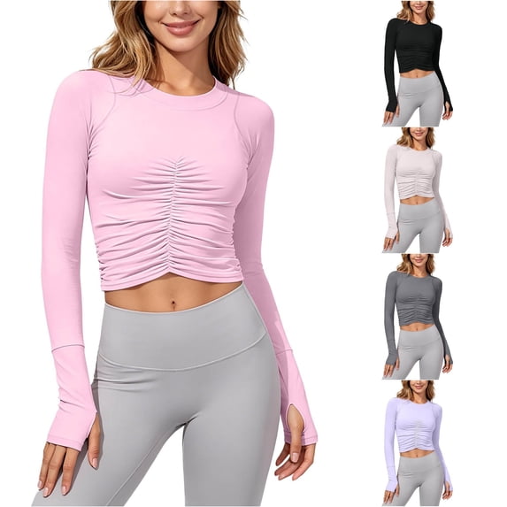 Trendfront Womens T Shirt Crop Crew Neck Slim Fit Ruched Pleated Long Sleeve Yoga Athletic Sports Workout Base Undershirt Tops