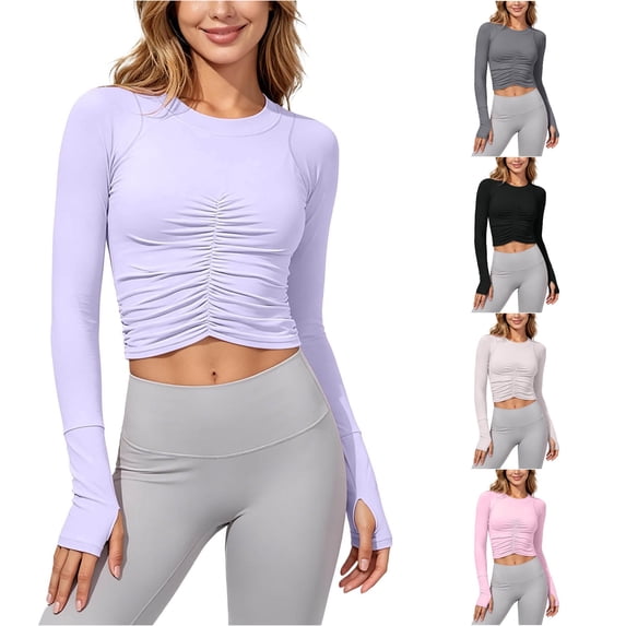 Trendfront Womens T Shirt Crop Crew Neck Slim Fit Ruched Pleated Long Sleeve Yoga Athletic Sports Workout Base Undershirt Tops