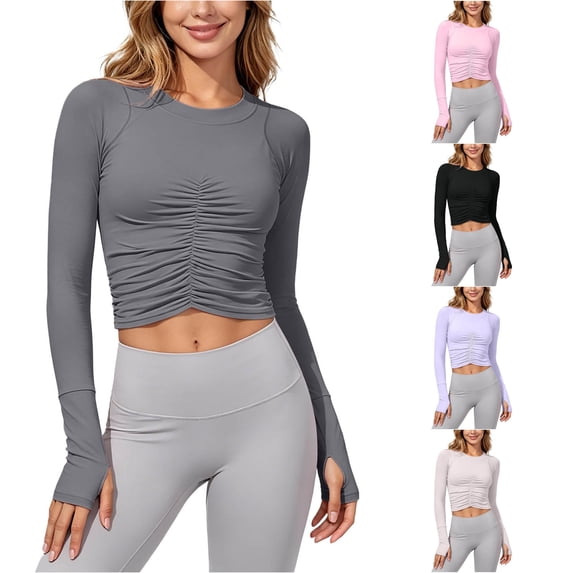 Trendfront Womens T Shirt Crop Crew Neck Slim Fit Ruched Pleated Long Sleeve Yoga Athletic Sports Workout Base Undershirt Tops