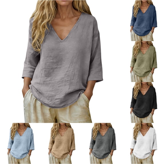 Trendfront Womens T Shirts 3/4 Sleeve V Neck Plain Solid Color Tee Slouchy Summer Relaxed Fit Basic Lounge Soft Comfy Fashion Outerwear Tops