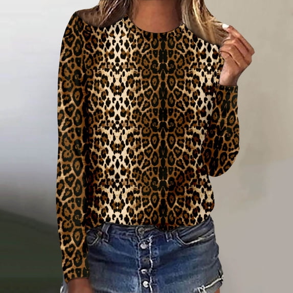 Trendfront Womens T Shirts Long Sleeve Crewneck Leopard Cheetah All Over Print Pattern Casual All Match Slouchy Fashion Tee