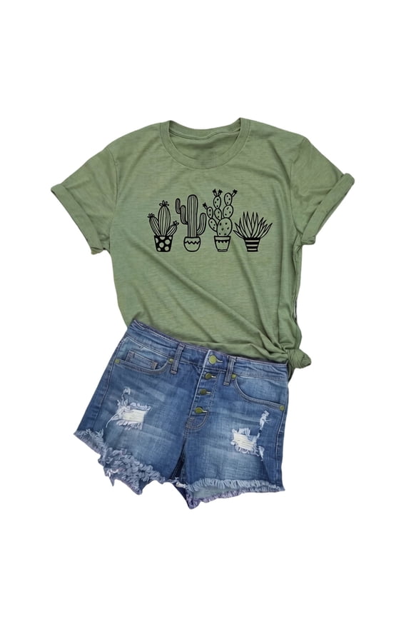 Womens T Shirts Short Sleeve Crewneck Cactus Graphic Tee Cute Desert Botanical Print Summer Basic Minimalist Everyday Casual Activewear Regular Fit Tops