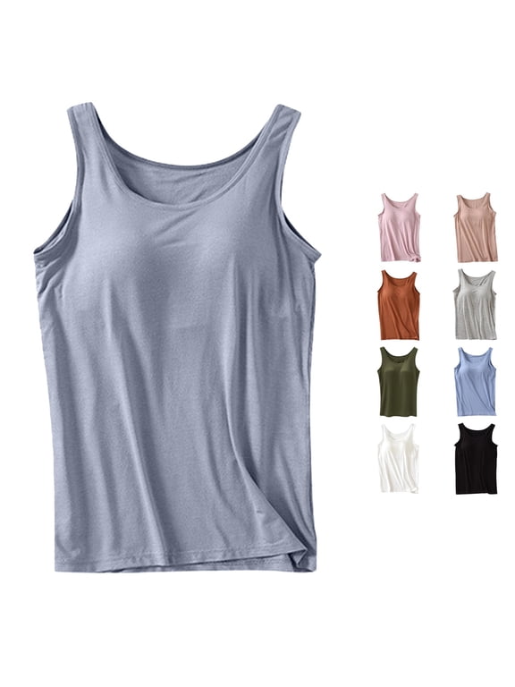 Womens Tank Top Built In Bra Scoop Neck Sleeveless Solid Color Loose Fit Casual Summer Basic Layering Camisole Tops