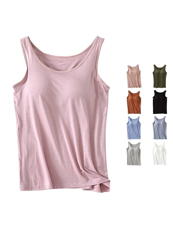 Womens Tank Top Built In Bra Scoop Neck Sleeveless Solid Color Loose Fit Casual Summer Basic Layering Camisole Tops
