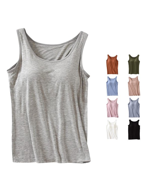 Womens Tank Top Built In Bra Scoop Neck Sleeveless Solid Color Loose Fit Casual Summer Basic Layering Camisole Tops