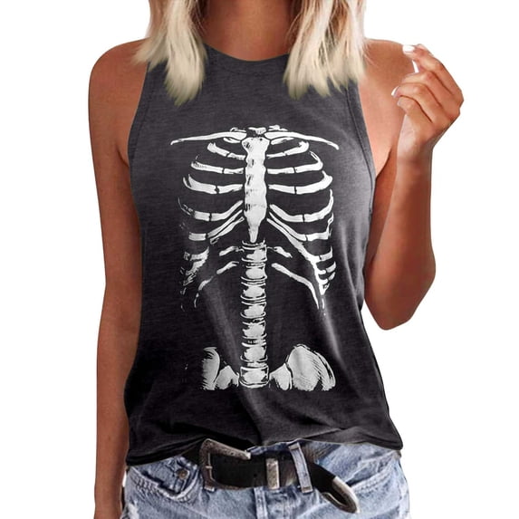 Trendfront Womens Tank Top Skeleton Rib Cage Graphic Print Sleeveless Summer Crew Neck Fashion T Loose Fit Goth Clothes Tops
