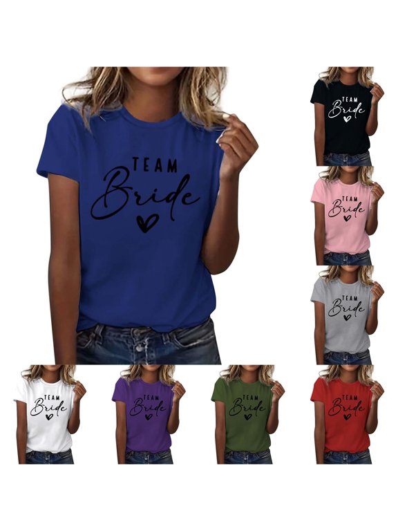 Womens Team Bride Graphic T Shirt Party Heart Letter Print Crewneck Short Sleeve Tee Wedding Bridesmaid Gifts Tops