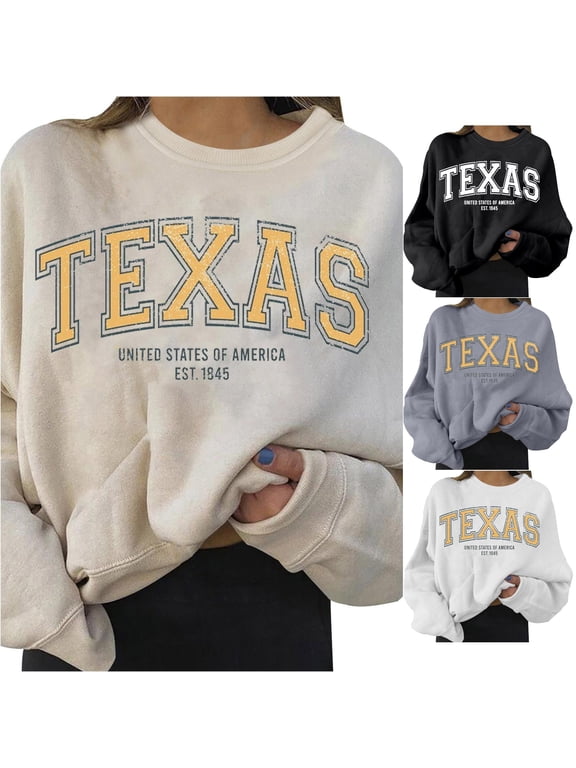 Womens Texas Graphic Sweatshirt Long Sleeve Crewneck Letter Print United States State Theme Pullover Top