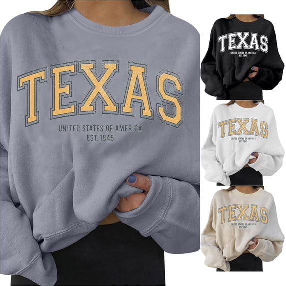 Trendfront Womens Texas Graphic Sweatshirts Crewneck Long Sleeve State Letter Print Relaxed Fit Casual College Style Pullover Tops