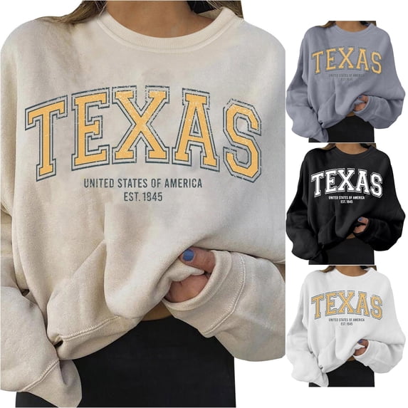 Trendfront Womens Texas Graphic Sweatshirts Crewneck Long Sleeve State Letter Print Relaxed Fit Casual College Style Pullover Tops