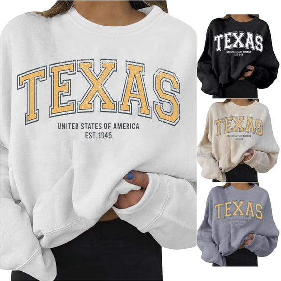 Trendfront Womens Texas Graphic Sweatshirts Crewneck Long Sleeve State Letter Print Relaxed Fit Casual College Style Pullover Tops