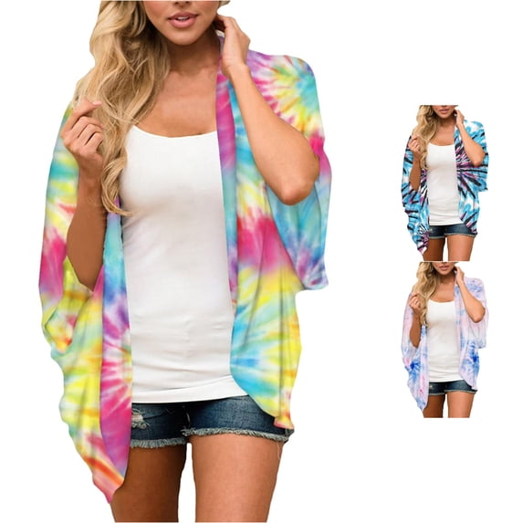 Trendfront Womens Tie Dye Kimono Cardigan Short Sleeve Open Front Lightweight Loose Fit Casual Summer Beach Vacation Layering Cover Up