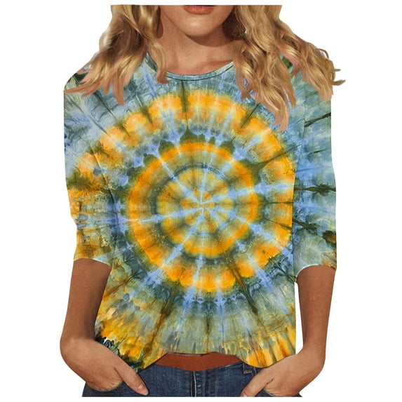 Trendfront Womens Tie Dye T Shirts Crewneck 3/4 Sleeve Spiral Print Relaxed Fit Casual Colorful Tee Tops