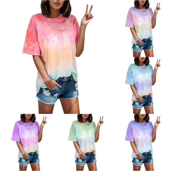 Trendfront Womens Tie Dye Tee Pastel Rainbow Watercolor Print T Shirt Crewneck Short Sleeve Oversized Summer Casual Tops