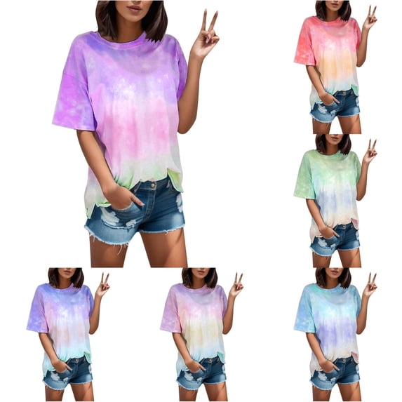 Trendfront Womens Tie Dye Tee Pastel Rainbow Watercolor Print T Shirt Crewneck Short Sleeve Oversized Summer Casual Tops