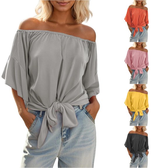 Trendfront Womens Tie Front Blouses Off Shoulder Casual Loose Fit Flutter Short Sleeve Summer Vacation Resort Wear Dressy Everyday Wear