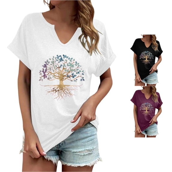 Trendfront Womens Tree Of Life Tops Graphic Print V-Neck Casual Short Sleeve Loose Fit Tee Trendy Fashion T-Shirts Pullover Daily Wear