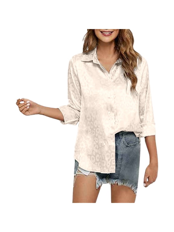 Womens Trendy Subtle Leopard Print Button Down Shirt Cheetah Print Design Collared Long Sleeve Relaxed Fit Dressy Casual Fall Blouse Tops