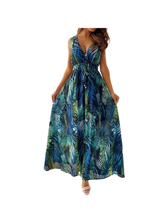 Womens Tropical Print Maxi Dress V Neck Spaghetti Strap Flowing Summer Vacation Warm Weather Style Maxi Dress