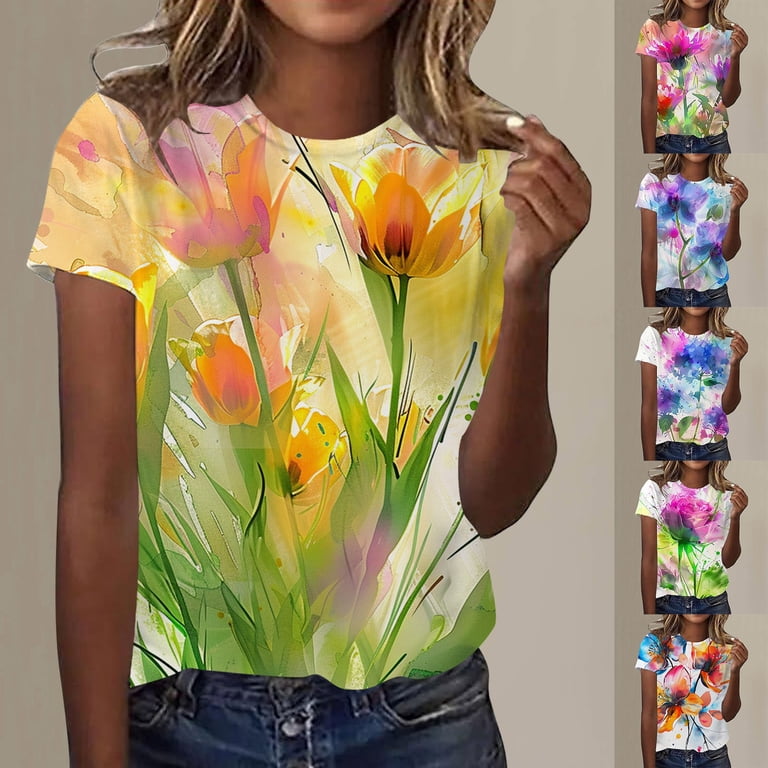 Trendfront Womens Tulip Floral Graphic Print T Shirts Short Sleeve 