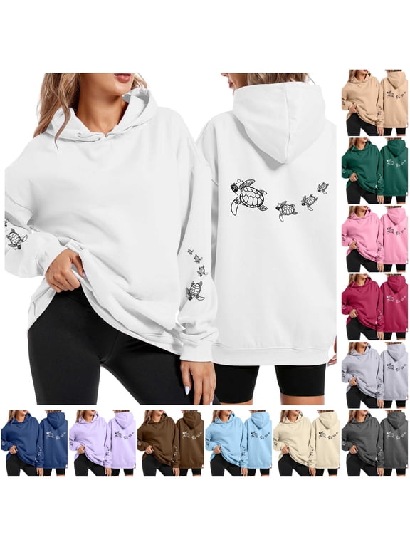 Womens Turtle Graphic Hoodie Long Sleeve Sea Turtle Print Pullover Top Coastal Theme Hooded Hooded Sweatshirt