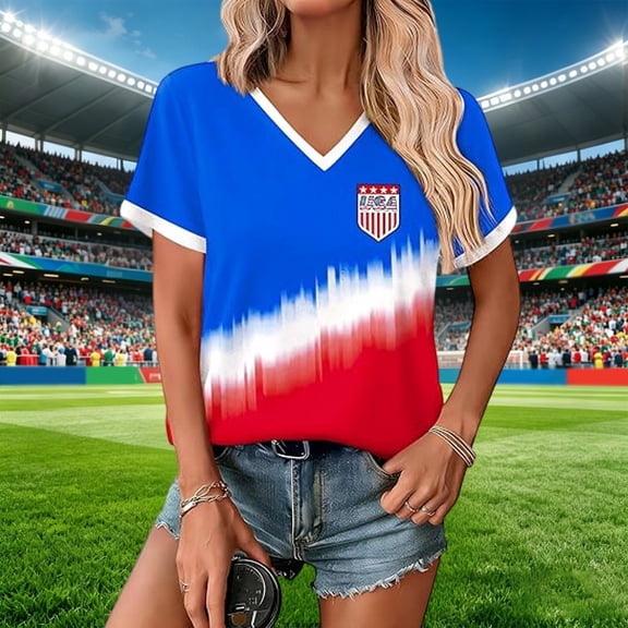 Trendfront Womens USA Crest Shield Graphic T Shirt V Neck National Pride Team Spirit Soccer Fan Stadium Style Patriotic Short Sleeve Tee Tops