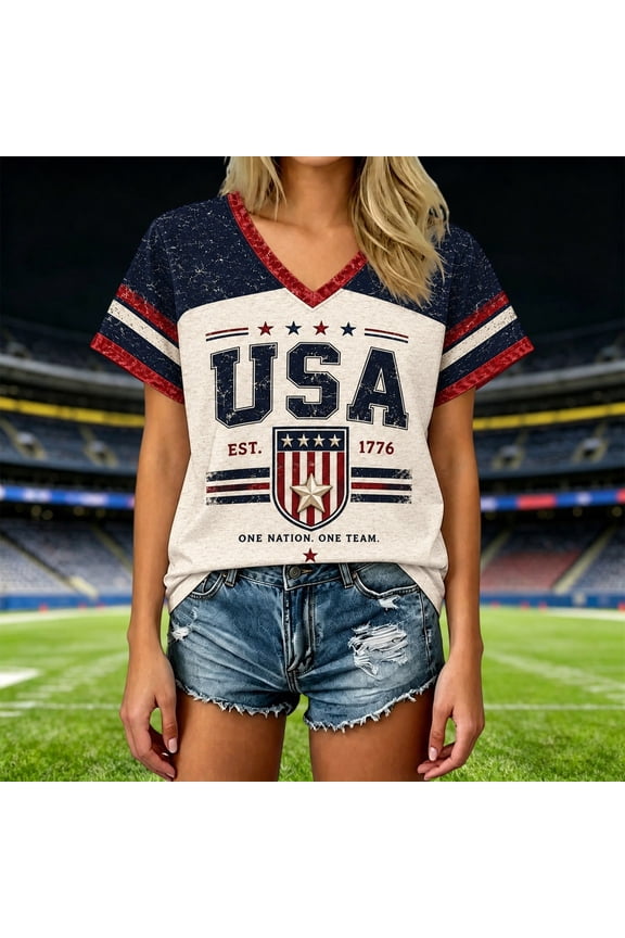 Womens USA Graphic T Shirts V Neck Short Sleeve American Flag Patriotic Varsity Letter Print Casual Football Fan Tee Tops
