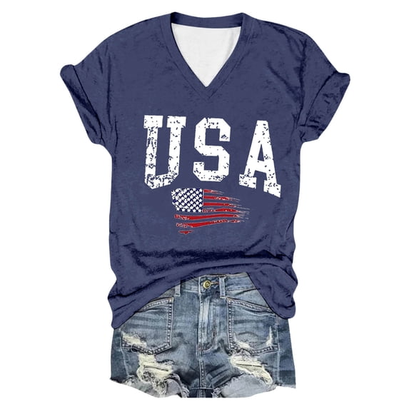 Trendfront Womens USA T Shirt American Flag Print V Neck Short Sleeve Patriotic Casual Summer Holiday Graphic Tees