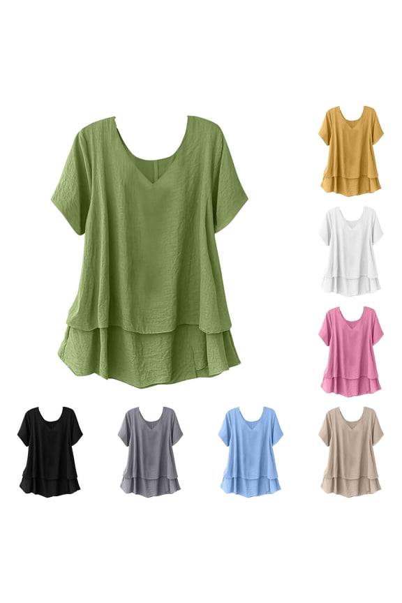 Womens V Neck Blouse Solid Color Double Layered Tiered Hemline Short Sleeve Shirts Loose Fit Flowy Comfort Slouchy Summer Tops