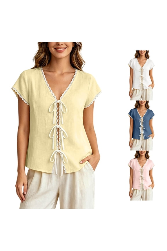 Womens V Neck Blouses Lace Trim Contrast Color Short Sleeve Shirts Tie Knot Neckline Elegant Office Work Top