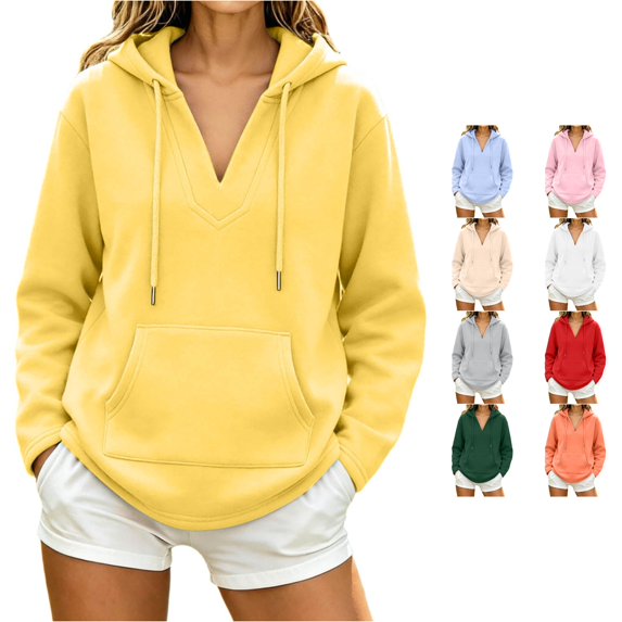 Trendfront Womens V Neck Hoodie Long Sleeve Casual Hooded Top With Kangaroo Pocket Everyday Wear Hooded Sweatshirt