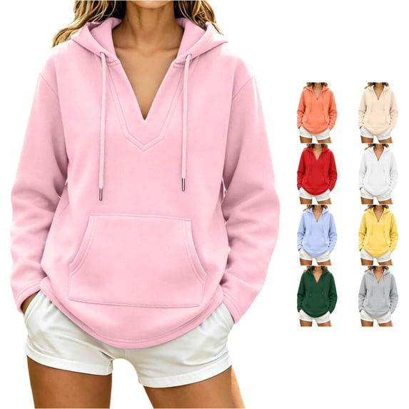 Trendfront Womens V Neck Hoodie Long Sleeve Casual Hooded Top With Kangaroo Pocket Everyday Wear Hooded Sweatshirt
