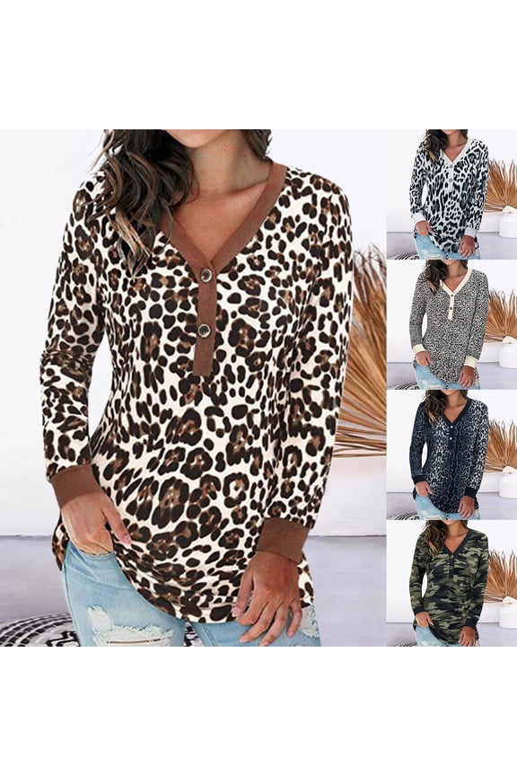 Womens V Neck Long Sleeve Tops Button Up Leopard Animal Pattern Print Tees Casual Everyday Fashion Style T-Shirts