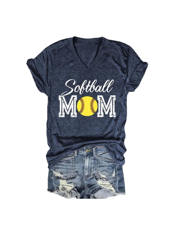 Womens V Neck Tee Softball Mom Letter Graphic Printed Short Sleeve T Shirts Summer Casual Active Sports Game Day Top