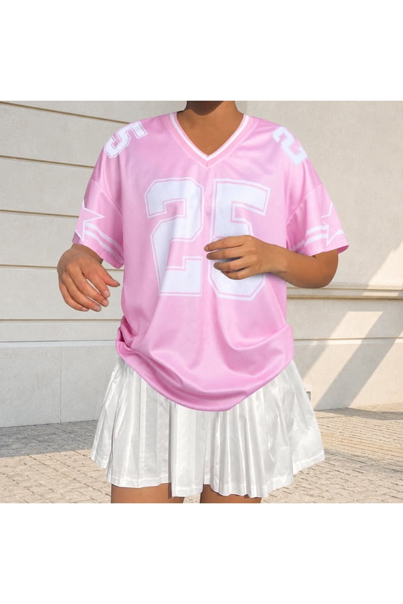 Womens Varsity Jersey T Shirt V Neck Short Sleeve Number Letter Print Oversized Athletic Casual Tee Tops