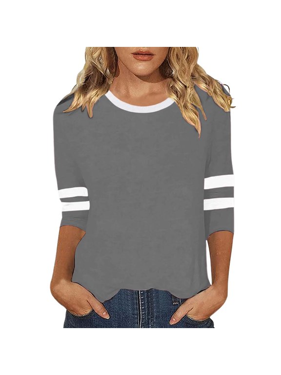 Womens Varsity Stripe T Shirts Crewneck 3/4 Sleeve Curved Hem Relaxed Fit Casual Everyday Tee Tops