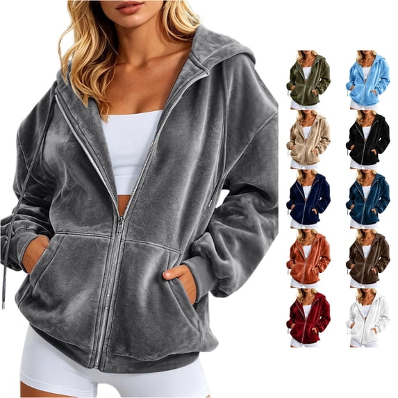 Trendfront Womens Velour Zip Up Hoodie Long Sleeve Full Zip Sweatshirt Soft Texture With Side Pockets Hooded Jacket