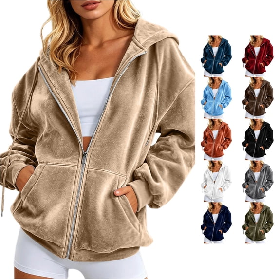 Trendfront Womens Velour Zip Up Hoodie Long Sleeve Full Zip Sweatshirt Soft Texture With Side Pockets Hooded Jacket
