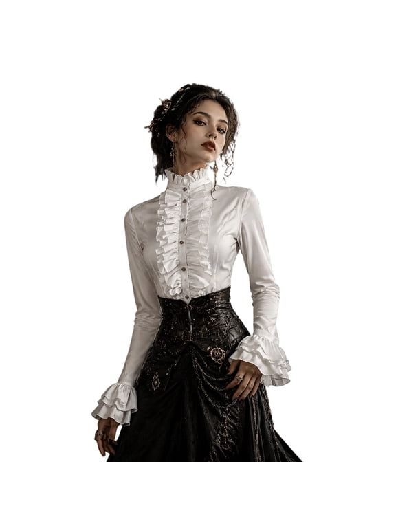 Womens Victorian Blouse Ruffle Front Stand Collar Long Sleeve Button Closure Shirt Tiered Flared Fitted Top